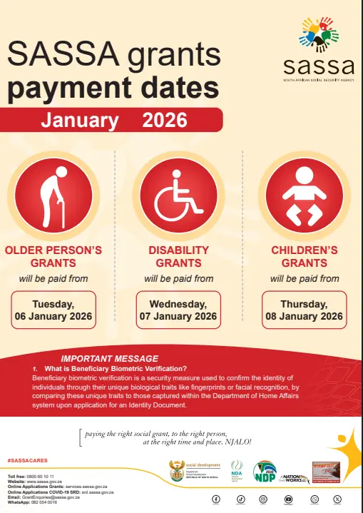 SASSA STATUS CHECK 2 SASSA grants payment dates January 2026